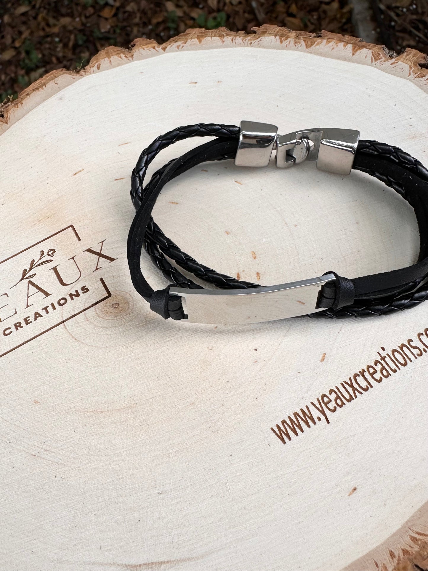 PERSONALIZED MEN DOUBLE STRAND BRAIDED LEATHER BRACELET WITH STAINLESS STEEL