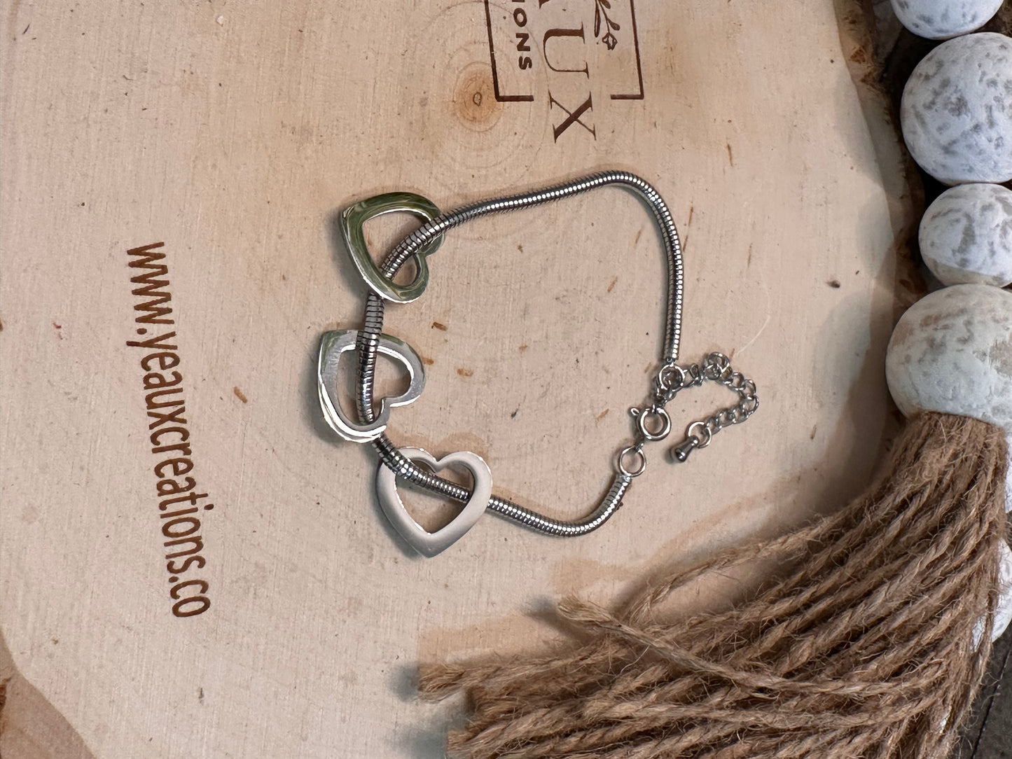 PERSONALIZED STAINLESS STEEL OPEN HEART TRIO CHAIN BRACELET