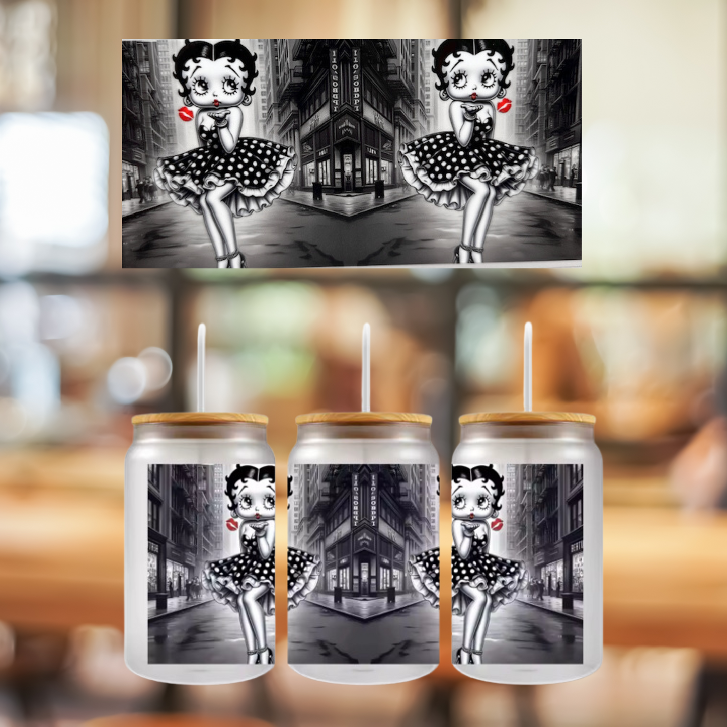 16 0z UV DTF Cup Wrap- BLACK AND WHITE BETTY, DOUBLE SIDED