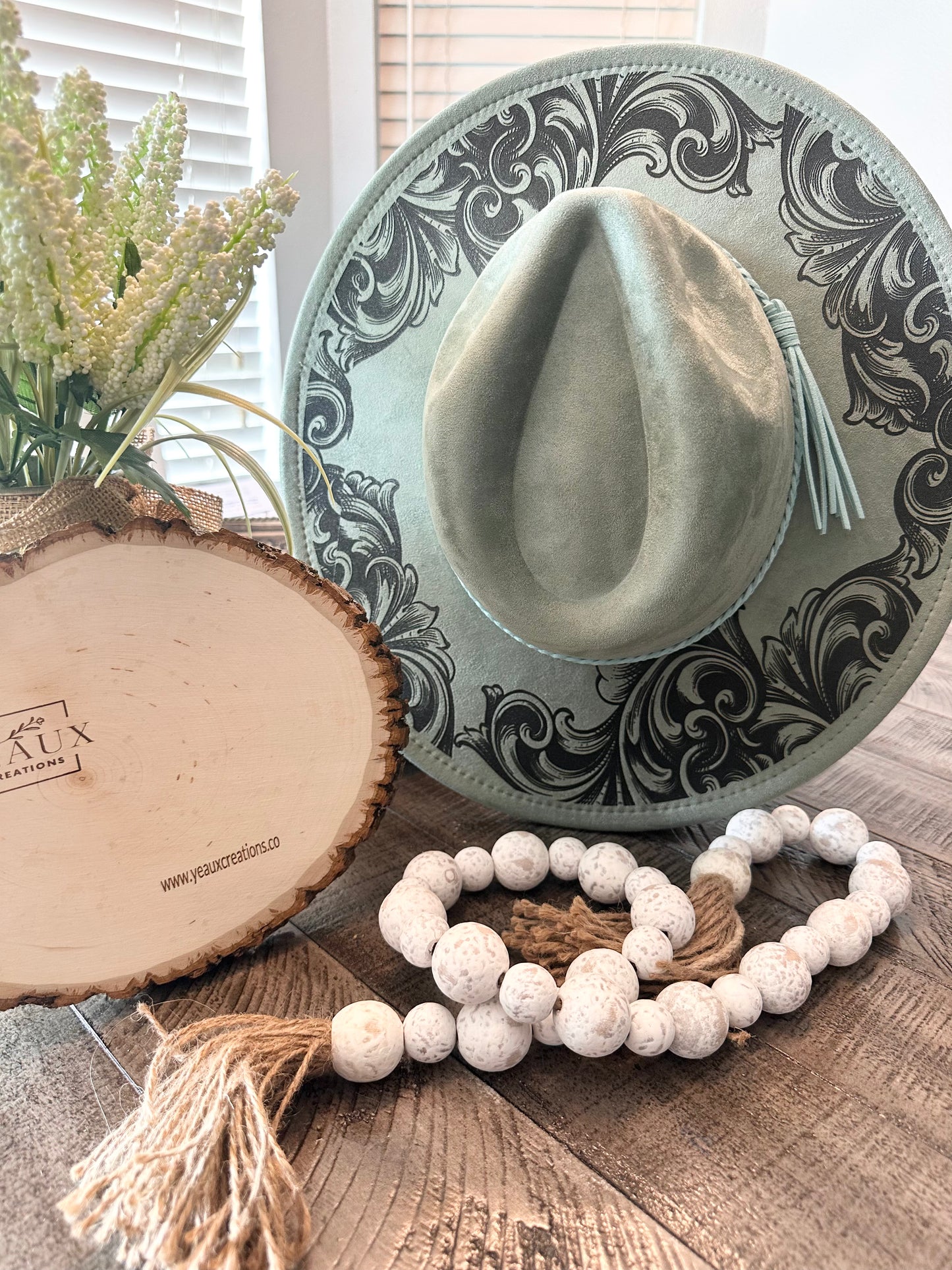 TOOLED LEATHER WIDE BRIM HAT