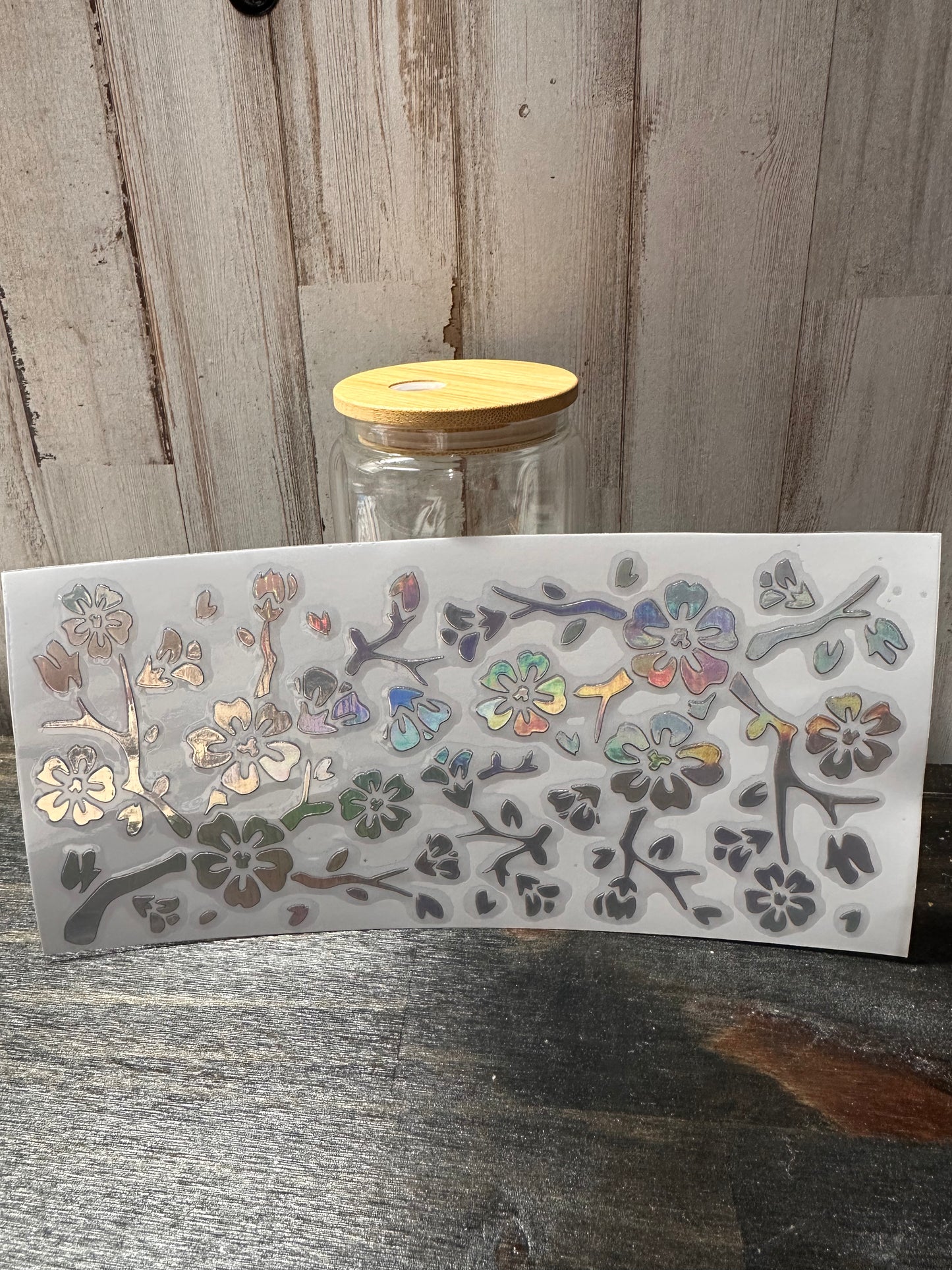 Holographic silver FLOWERS - 16 0z UV DTF Cup Wrap