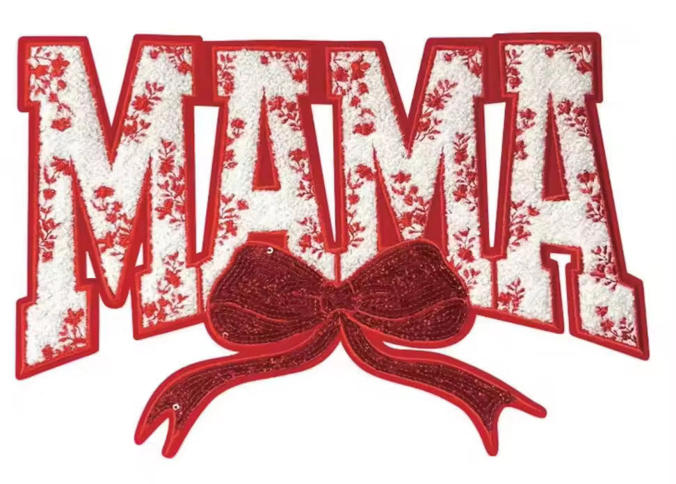 Chenille Patch- RED MAMA, SEQUIN BOW