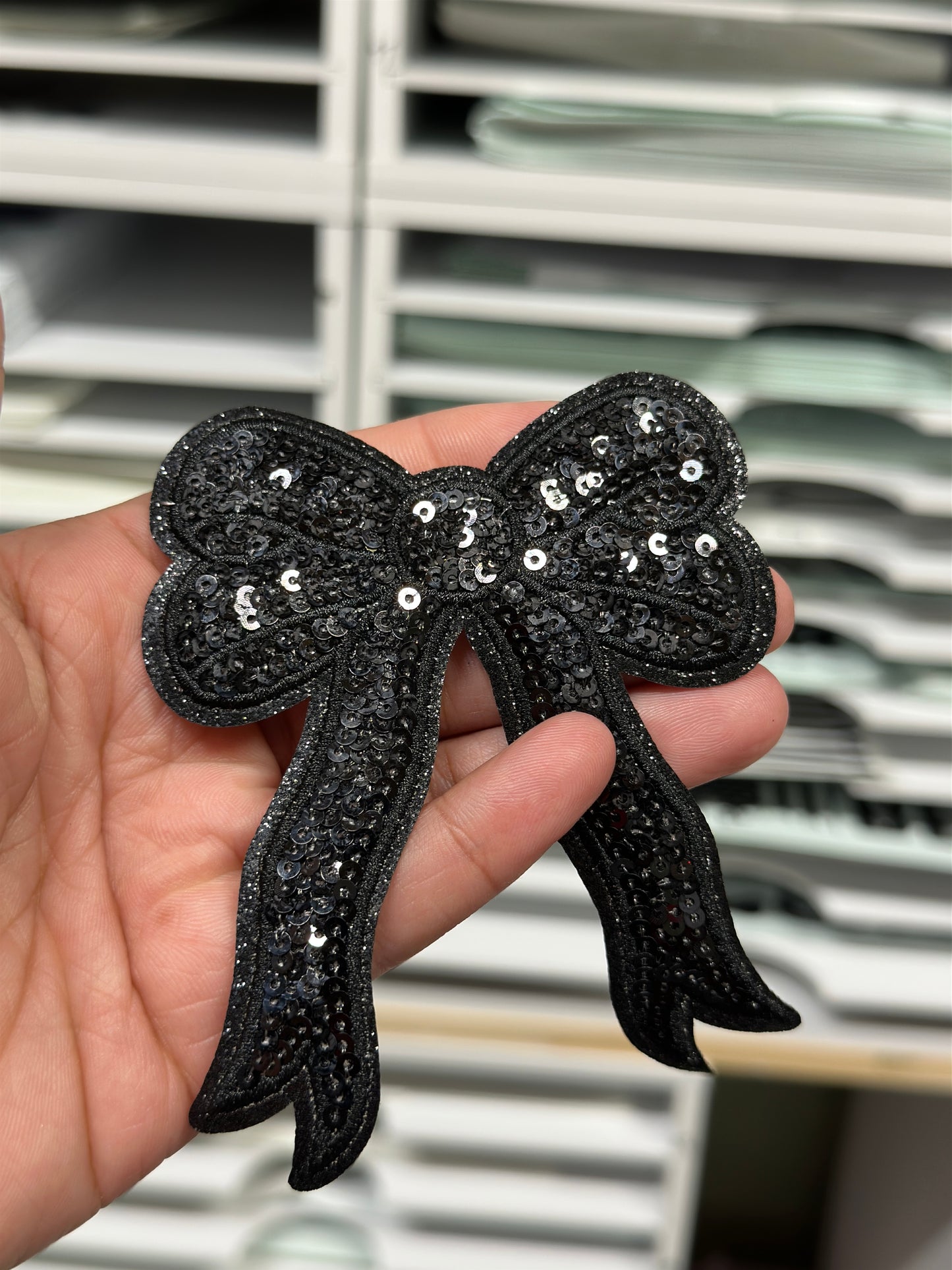 Chenille Patch- SMALL BLACK SEQUIN BOW, 4 INCH, Set of 2