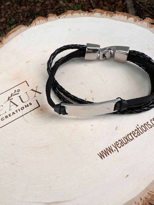 PERSONALIZED MEN DOUBLE STRAND BRAIDED LEATHER BRACELET WITH STAINLESS STEEL