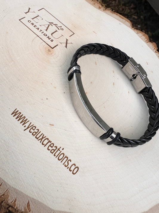 PERSONALIZED MEN BRAIDED LEATHER BRACELET WITH STAINLESS STEEL