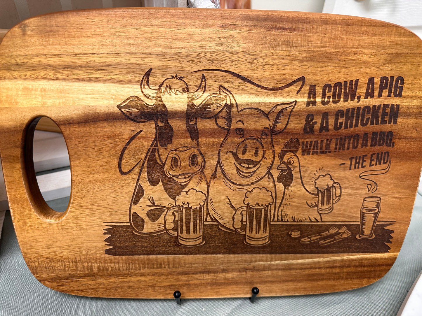 A COW A PIG A CHICKEN CUTTING BOARD