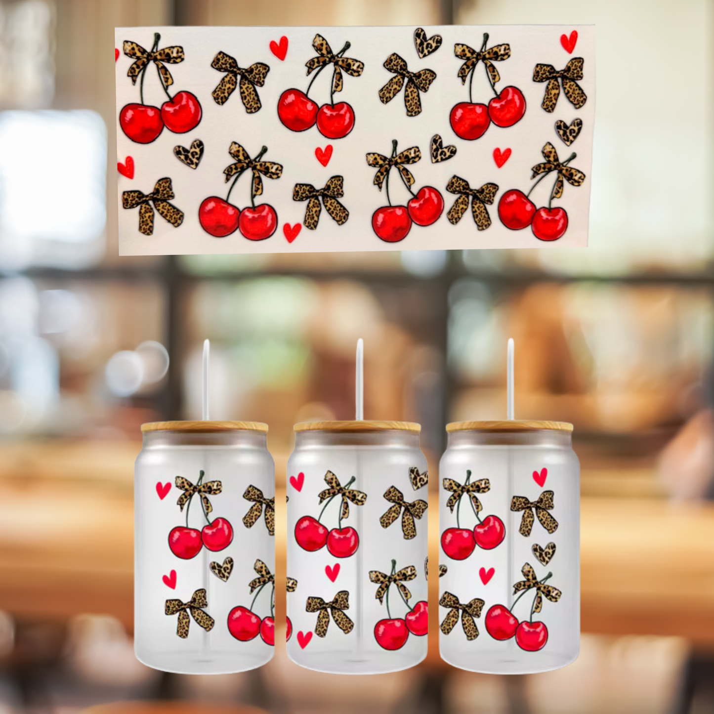 16 0z UV DTF Cup Wrap- CHEETAH AND CHERRIES, DOUBLE SIDED