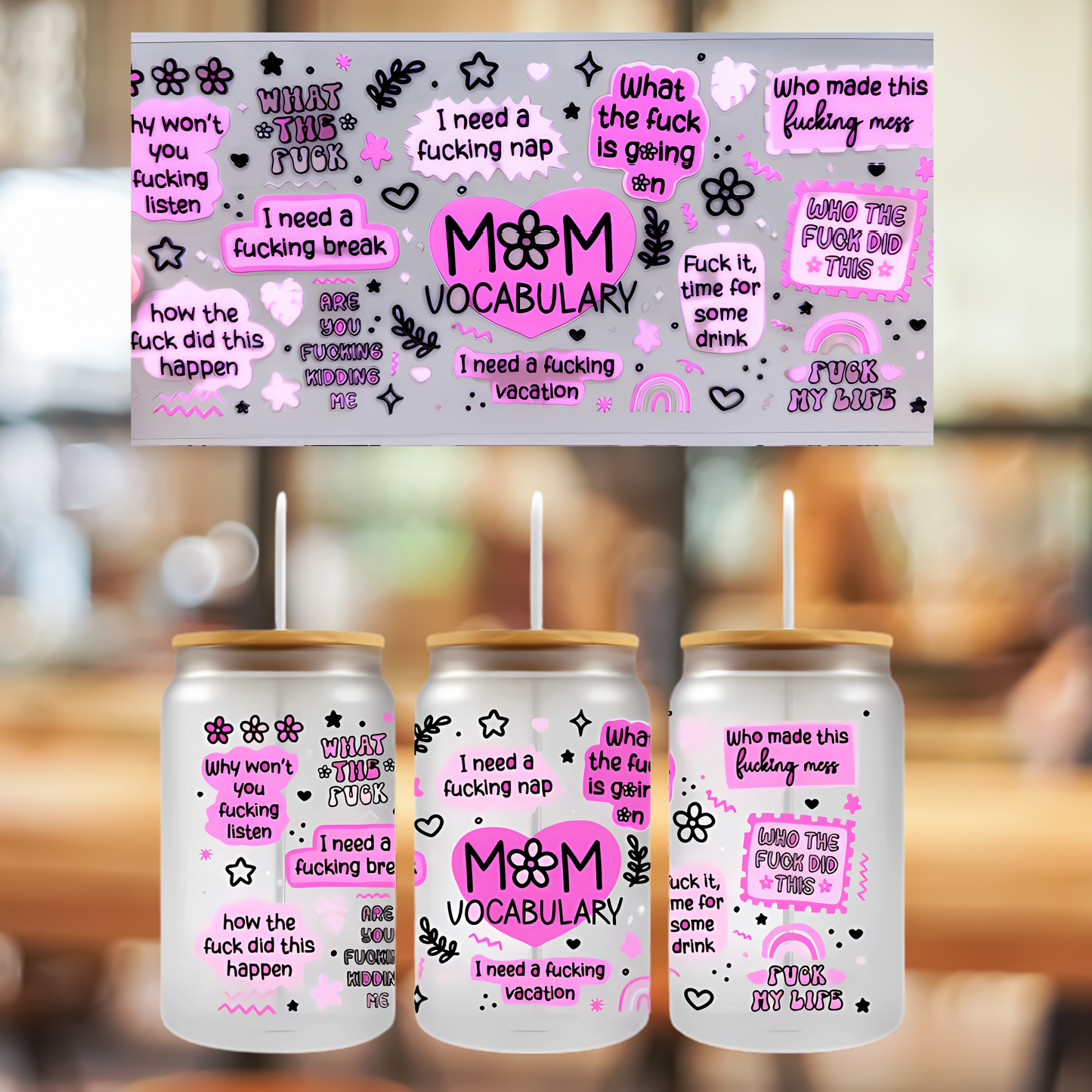 16 0z UV DTF Cup Wrap- MOM VOCABULARY, DOUBLE SIDED