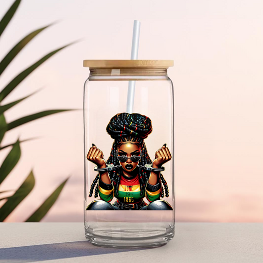 16 0z UV DTF Cup Decal- BREAKING CHAINS GIRL (DOUBLE SIDED)