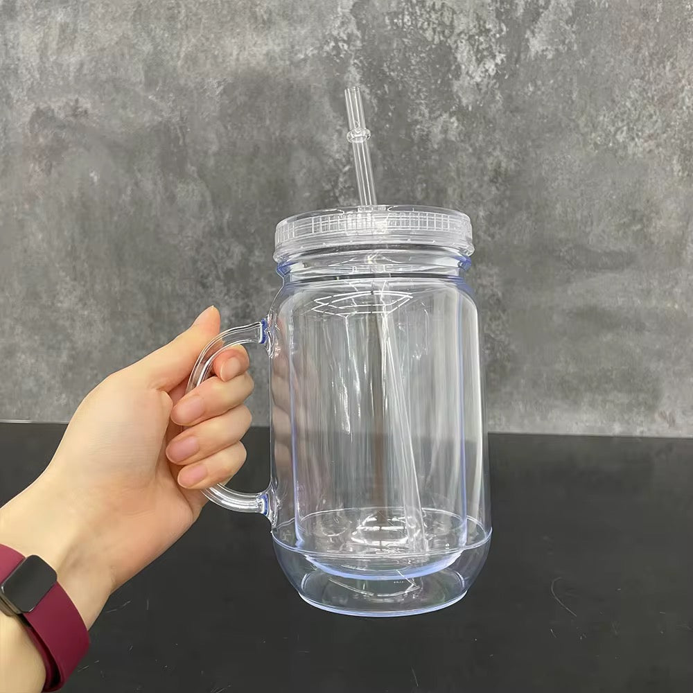 20 Oz Mason Jar Doubled wall Acrylic Cup with Straw, Snow Globe, No hole