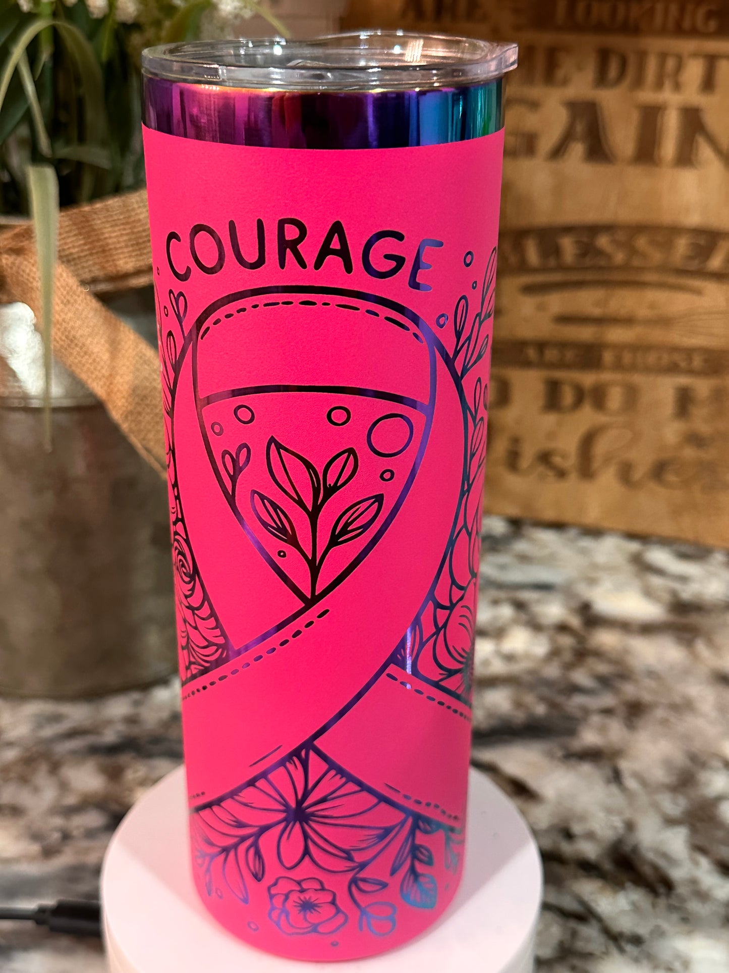 COURAGE BREAST CANCER RIBBON 20 oz  Stainless Steel Tumbler- Rainbow Plated, Double Walled Vacuum Insulated