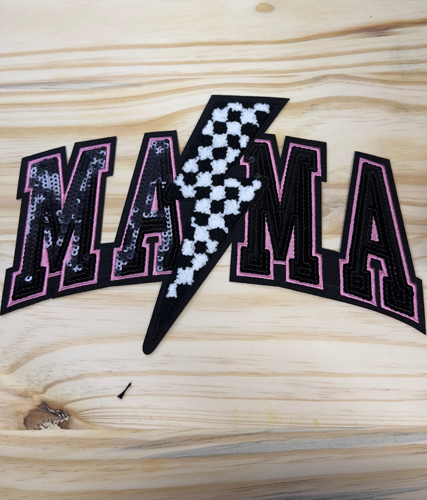Chenille Patch- BLACK SEQUIN MAMA LIGHTNING BOLT