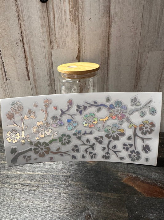 Holographic silver FLOWERS - 16 0z UV DTF Cup Wrap