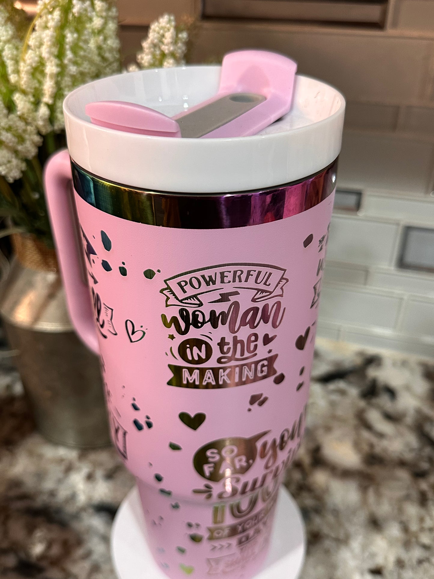 POWERFUL WOMAN 40 oz  Stainless Steel TUMBLER- RAINBOW Plated, Double Walled Vacuum Insulated