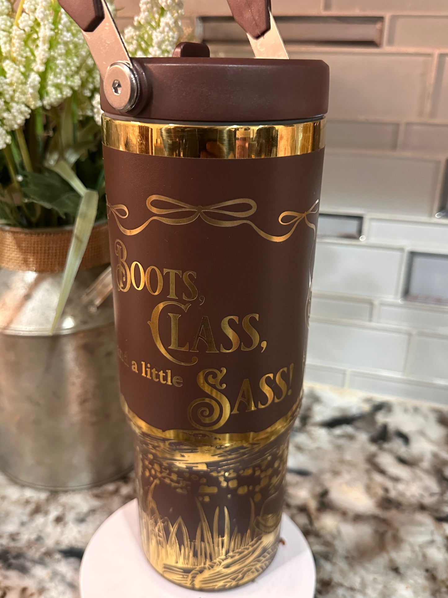 BOOTS & CLASS 30 oz  Stainless Steel TUMBLER- GOLD Plated, Double Walled Vacuum Insulated