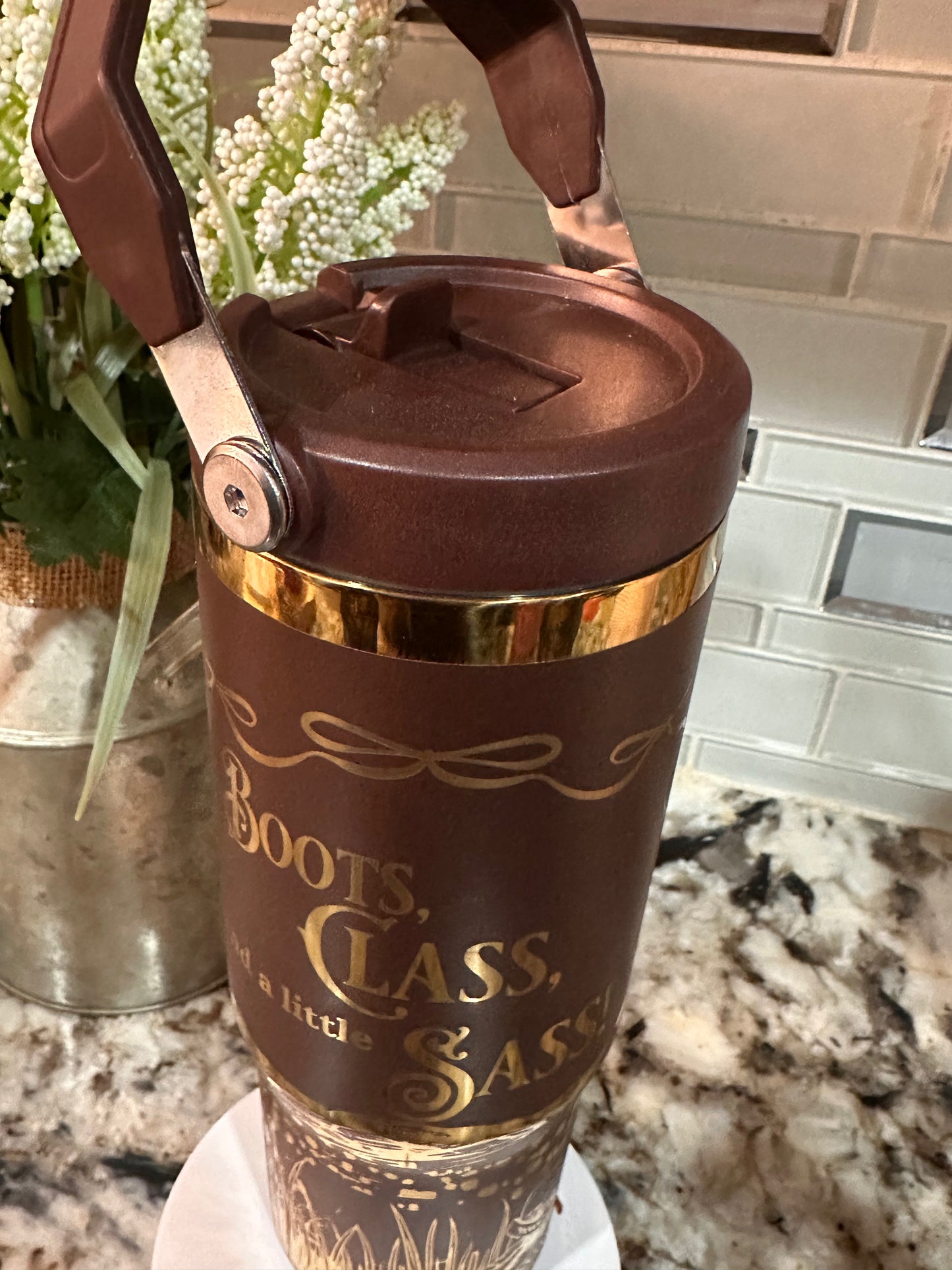 BOOTS & CLASS 30 oz  Stainless Steel TUMBLER- GOLD Plated, Double Walled Vacuum Insulated