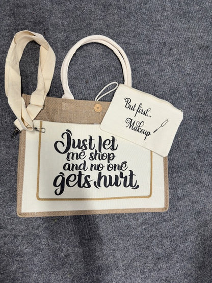 Burlap canvas bag with matching cosmetic bag (multiple)