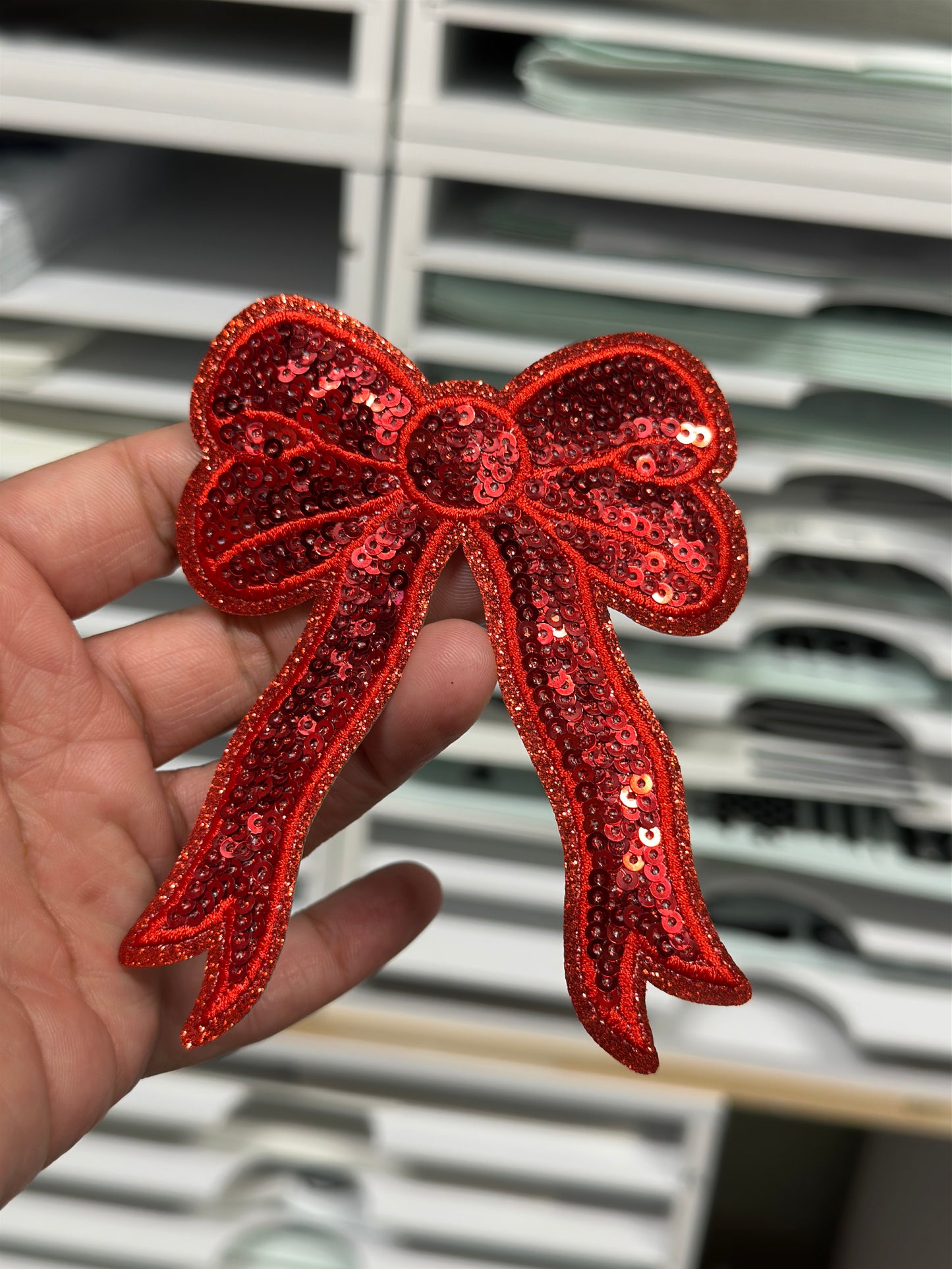Chenille Patch- SMALL RED SEQUIN BOW, 4 INCH, Set of 2