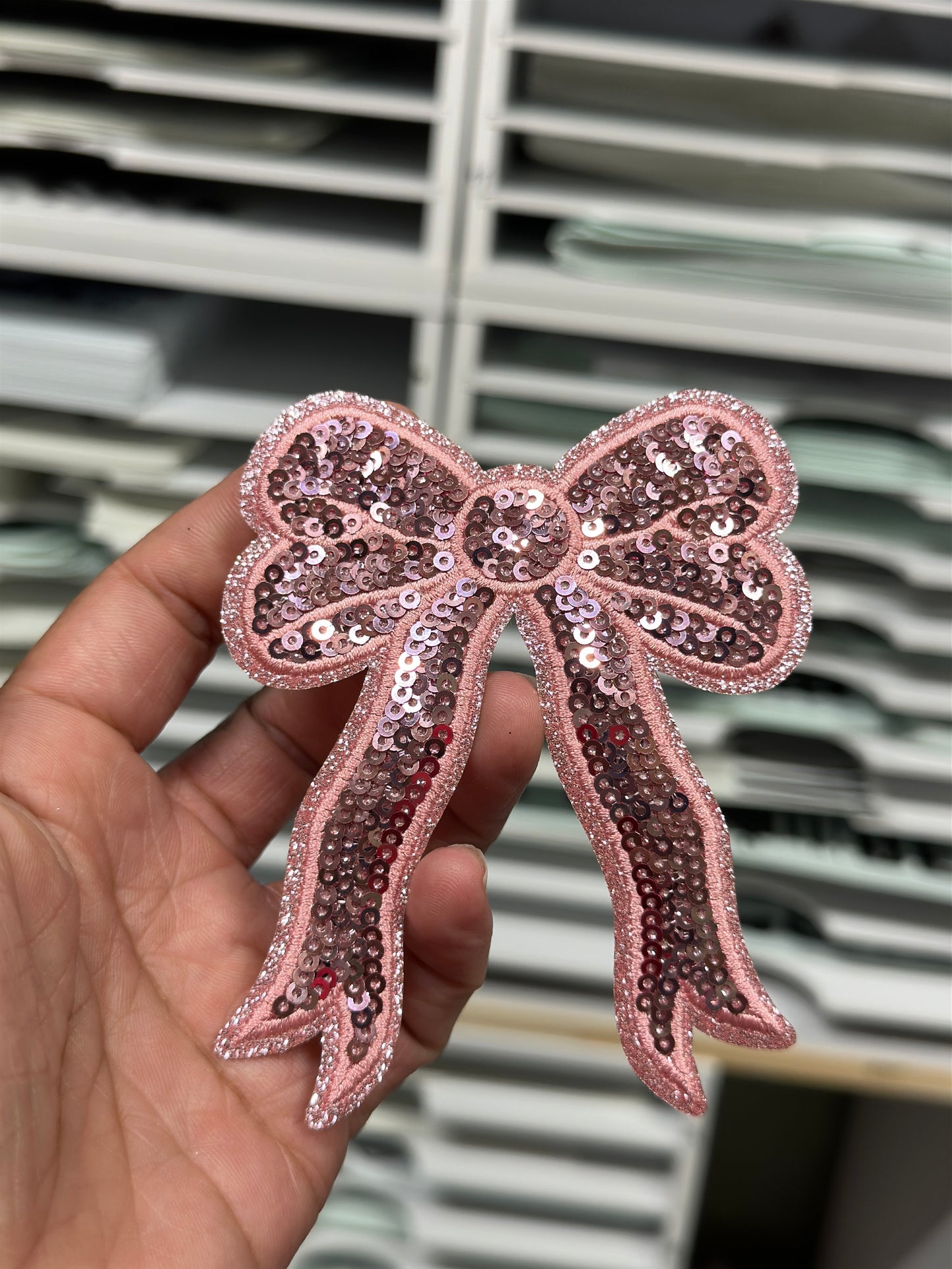 Chenille Patch- SMALL LIGHT PINK SEQUIN BOW, 4 INCH,  Set of 2