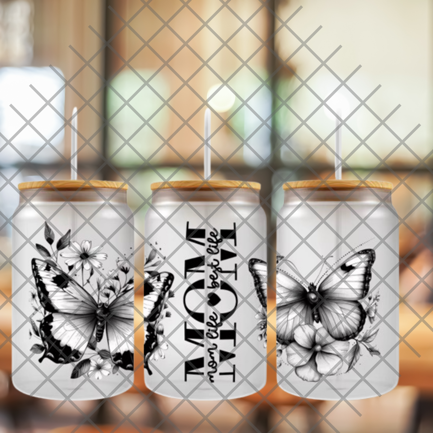 16 0z UV DTF DOUBLE SIDED Cup Wrap - MOM BUTTERFLIES BLACK AND WHITE