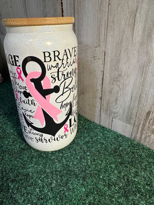 "Breast Cancer Survivor" White glitter cup