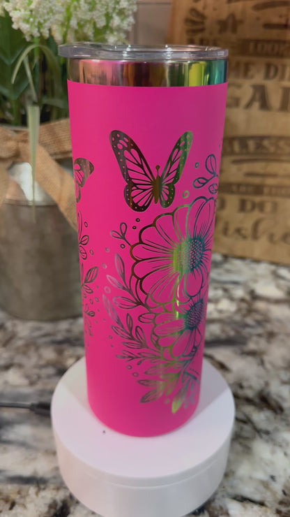 COURAGE BREAST CANCER RIBBON 20 oz  Stainless Steel Tumbler- Rainbow Plated, Double Walled Vacuum Insulated